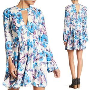 Free People Tegan Blue Floral Long Sleeve Mini Dress
